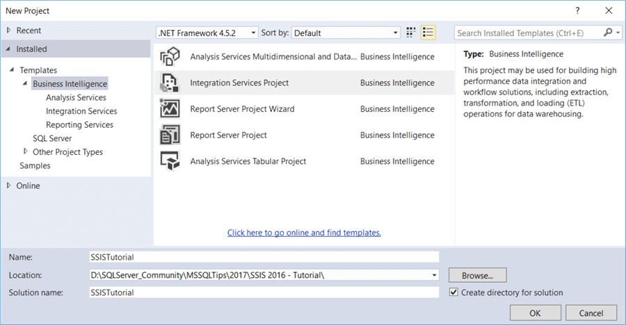 Create a New SSIS Project: